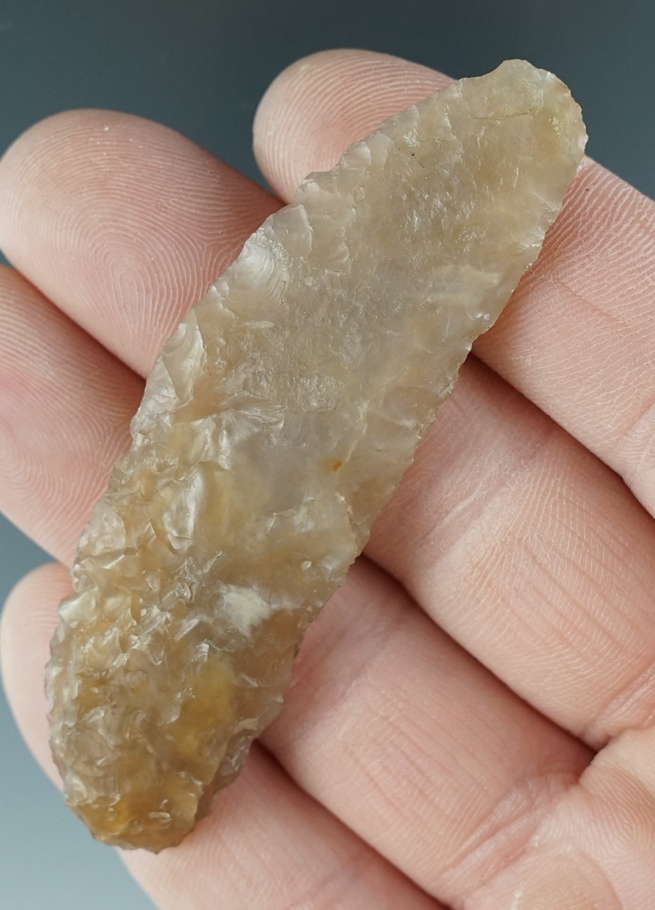 Beautiful translucent material on this 2 7/8" Agate Crescent Knife found in Wyoming.