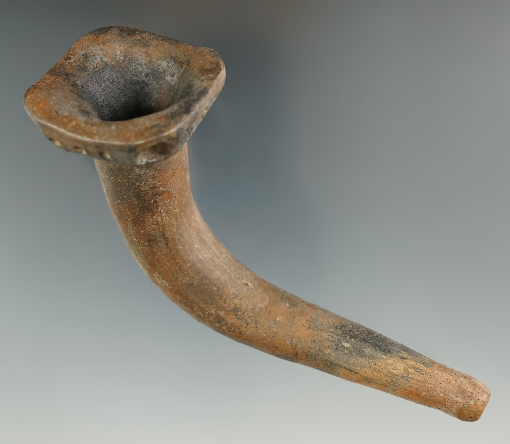 4 5/8" Huronian clay Squared Bowl Pipe with castellations that is heavily restored found in NY.