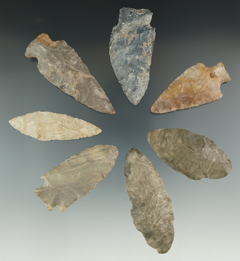 Set of seven heavily patinated points and knives found in Hillsdale Co., Michigan, largest is 2 3/4"
