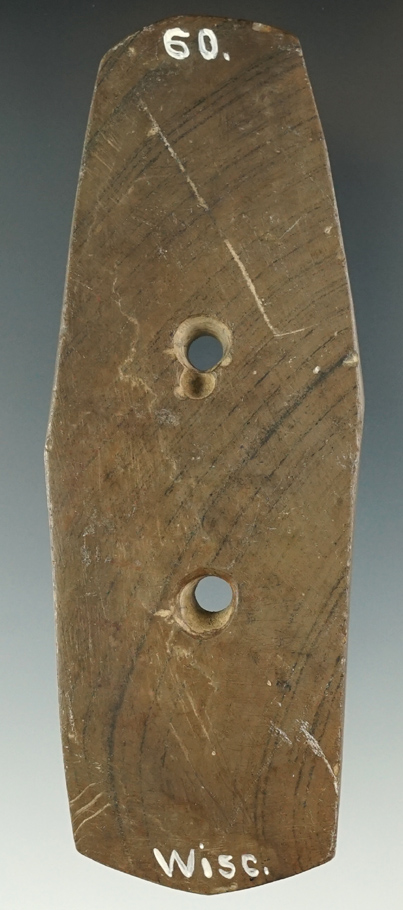 4 1/2" Hopewell Expanded Center Gorget made from brown and black Banded Slate, Wisconsin.