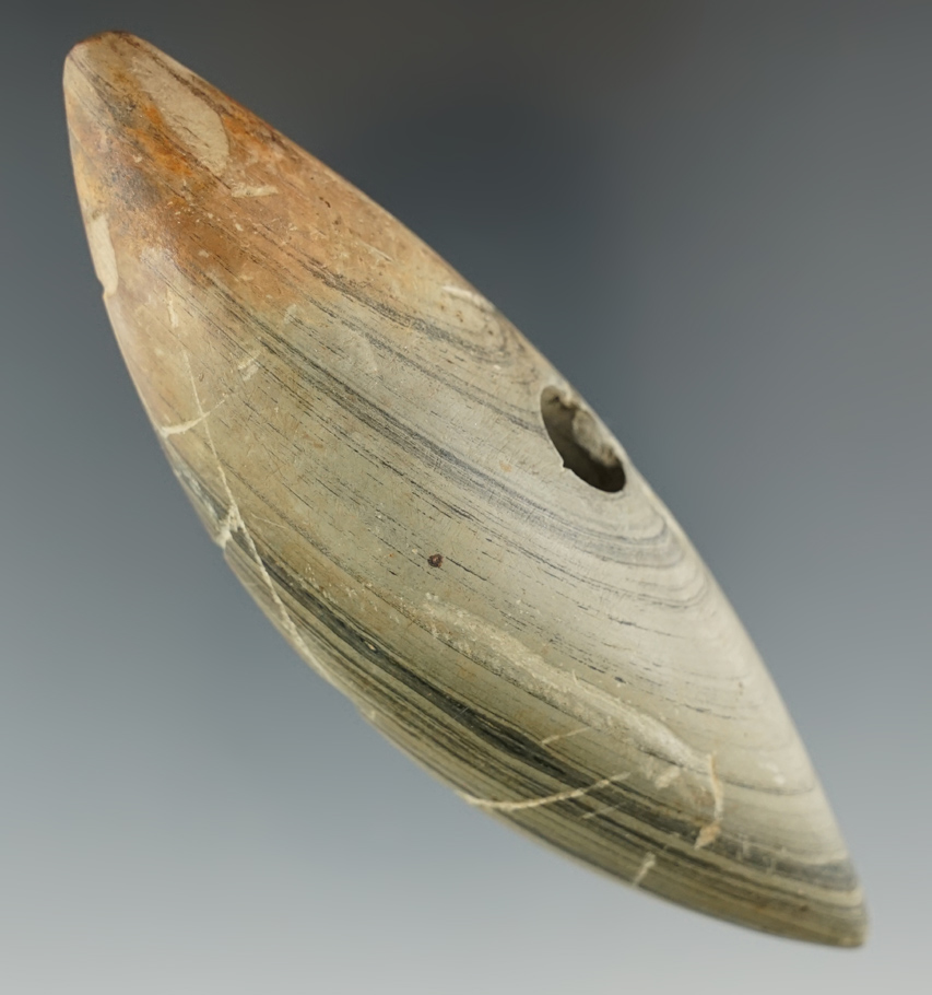 4  1/4" field found Pick Bannerstone with some plow damage to bottom found in Clay Co., Indiana.