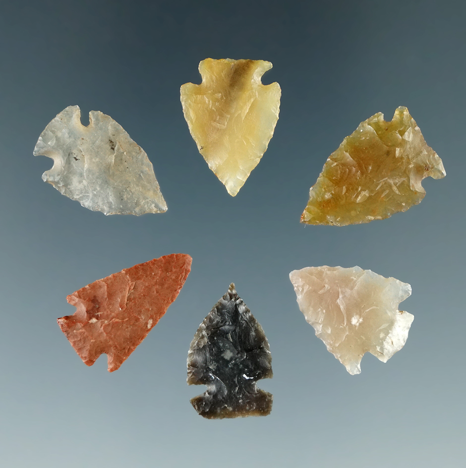 Set of six thin and well flaked Colorado points, largest is 13/16".