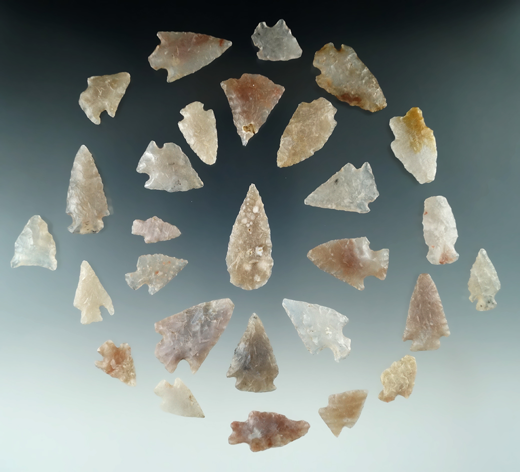 Group of 28 arrowheads found in Colorado made from attractive semi translucent materials.