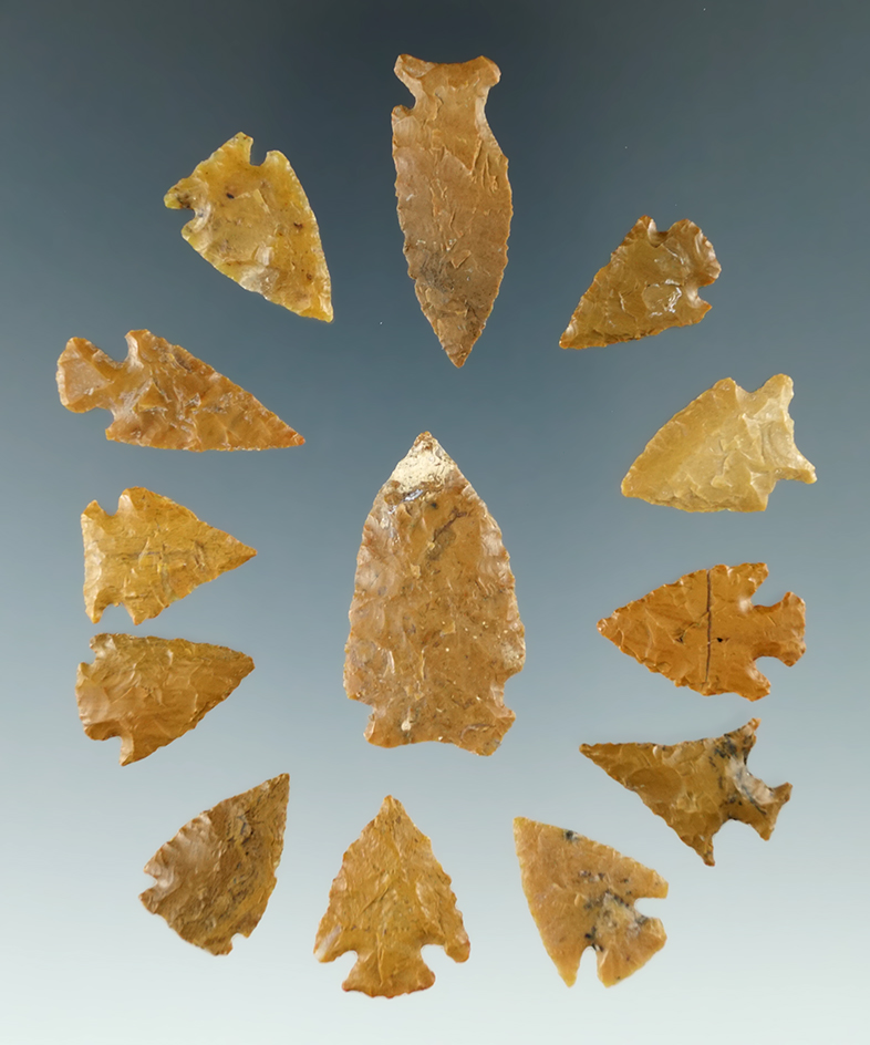 Group of thirteen arrowheads found in Colorado, largest is 1 3/16".