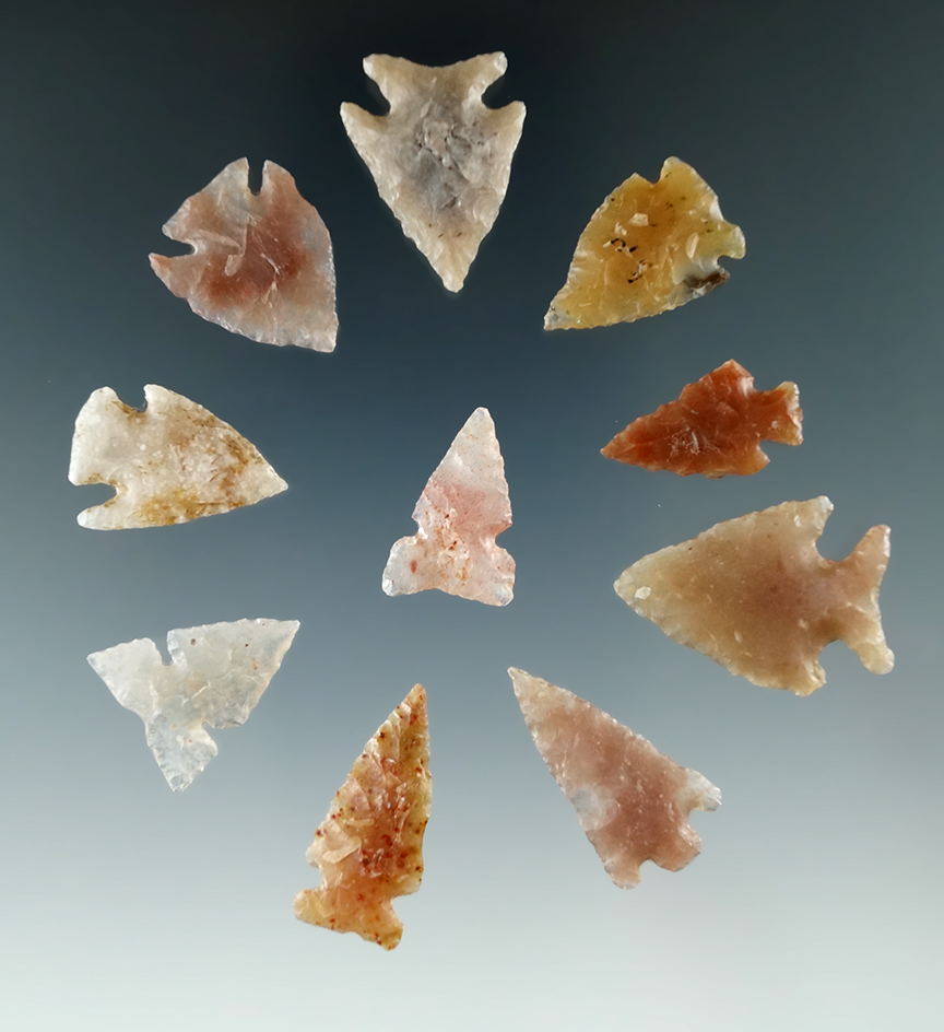 Group of 10 attractive arrowheads found in Colorado made from beautiful semi translucent materials.
