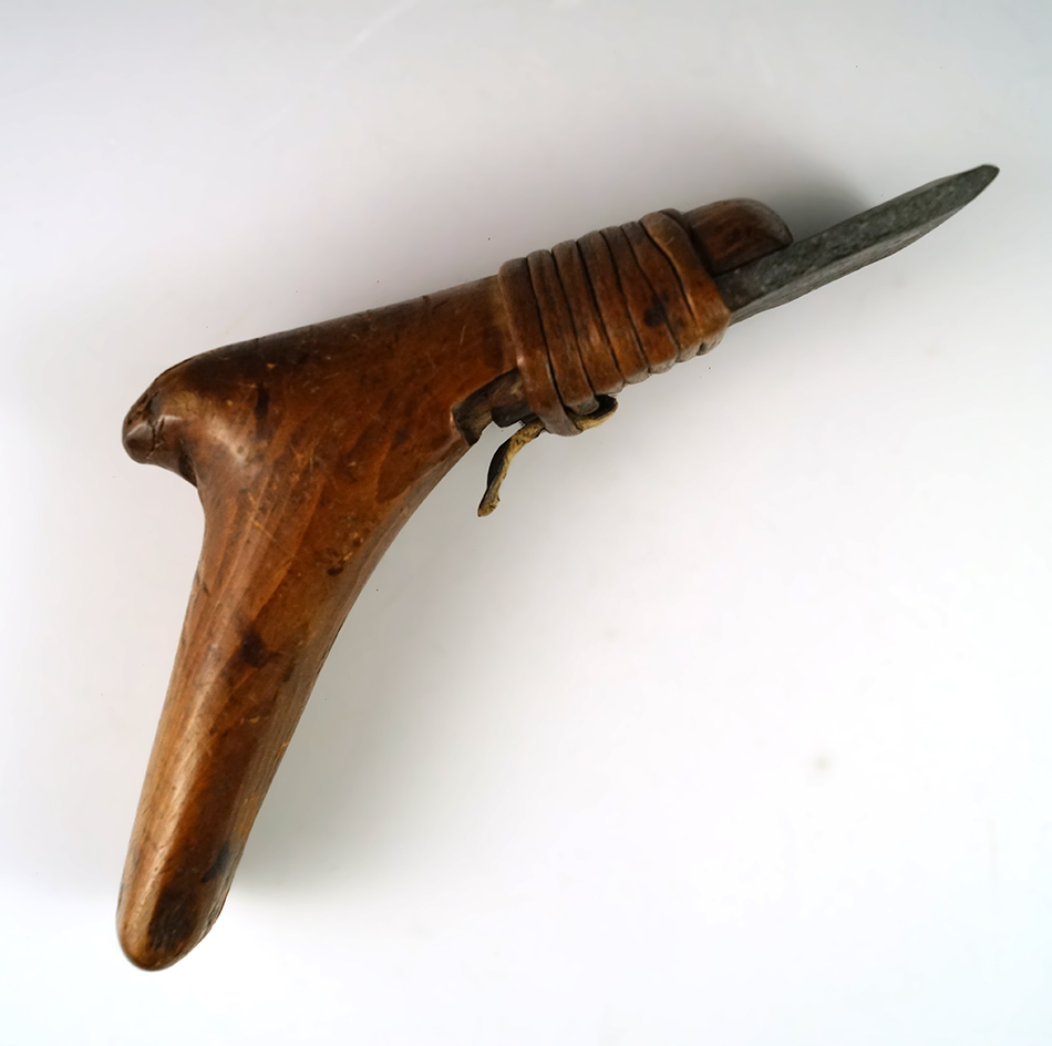 5 5/8" Wide Pre-contact Tlingit Adze made of red Cedar with a stone bit from the Pacific Northwest.