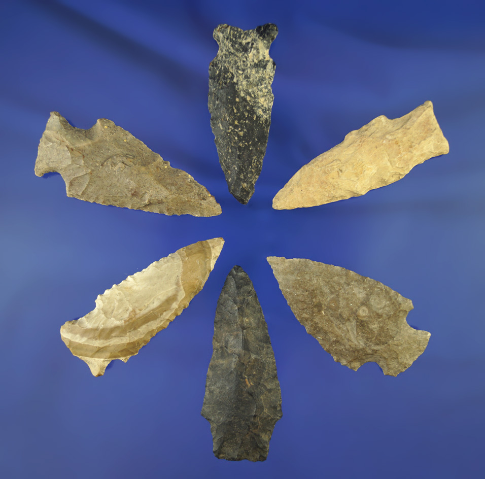 Set of six assorted arrowheads, largest is 2 9/16"  collected prior to 1950 found in Michigan.