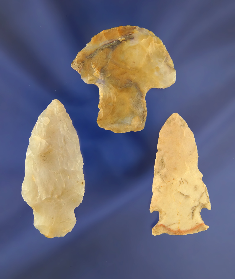 Set of three Flint Ridge Flint Artifacts found in Ohio, largest is 2 1/16".