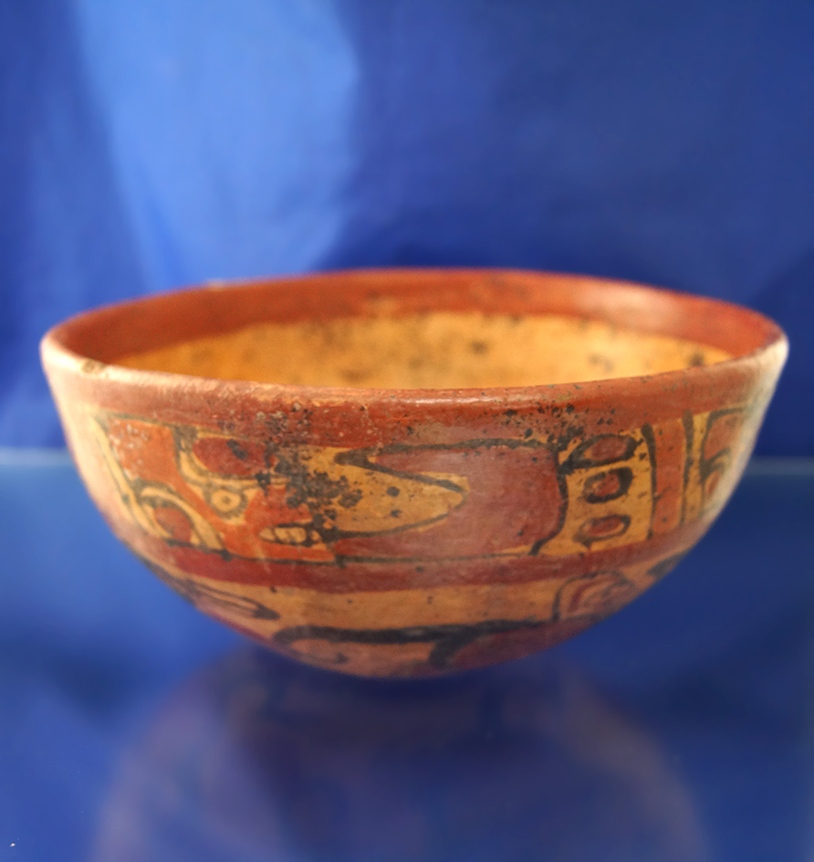 7 1/4" painted Mayan bowl depicting monkeys.