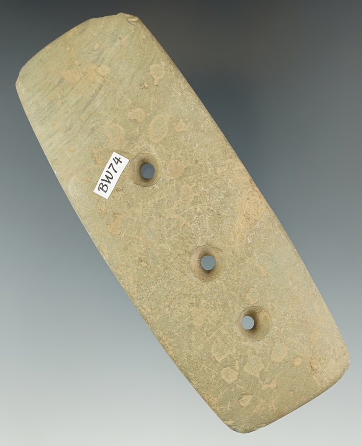 Rare style 4 7/8" Three Hole Rectangular Gorget made from Mottled Slate. . Ex. William Waigle.