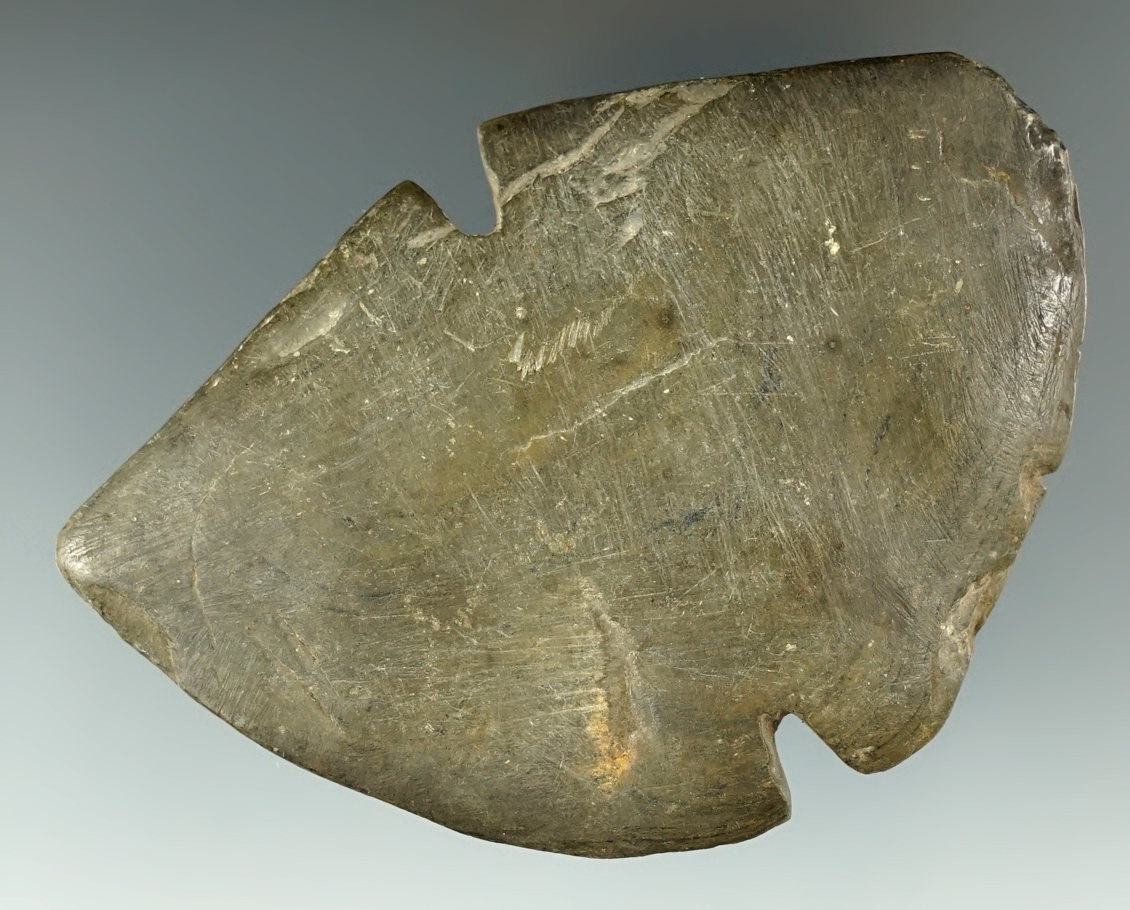 Rare style 3 7/8" Double Notched Tie-on Wing Bannerstone made from Slate. Ex. William Waigle.