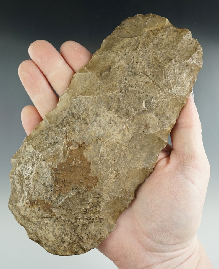 7" Flint Hoe with heavy use polish to bit area. Found in St. Clair Co., Illinois.