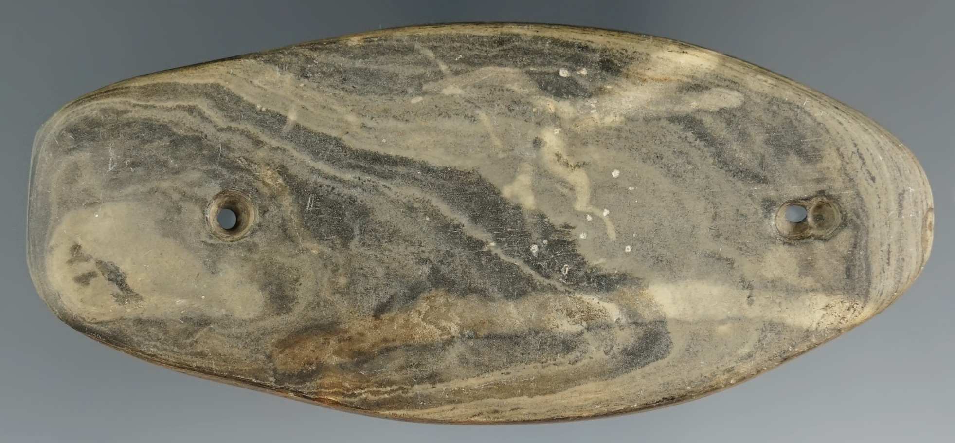 4 7/16" Glacial Kame Sandal Sole Gorget made from Mottled Slate - Ingham Co., Michigan.