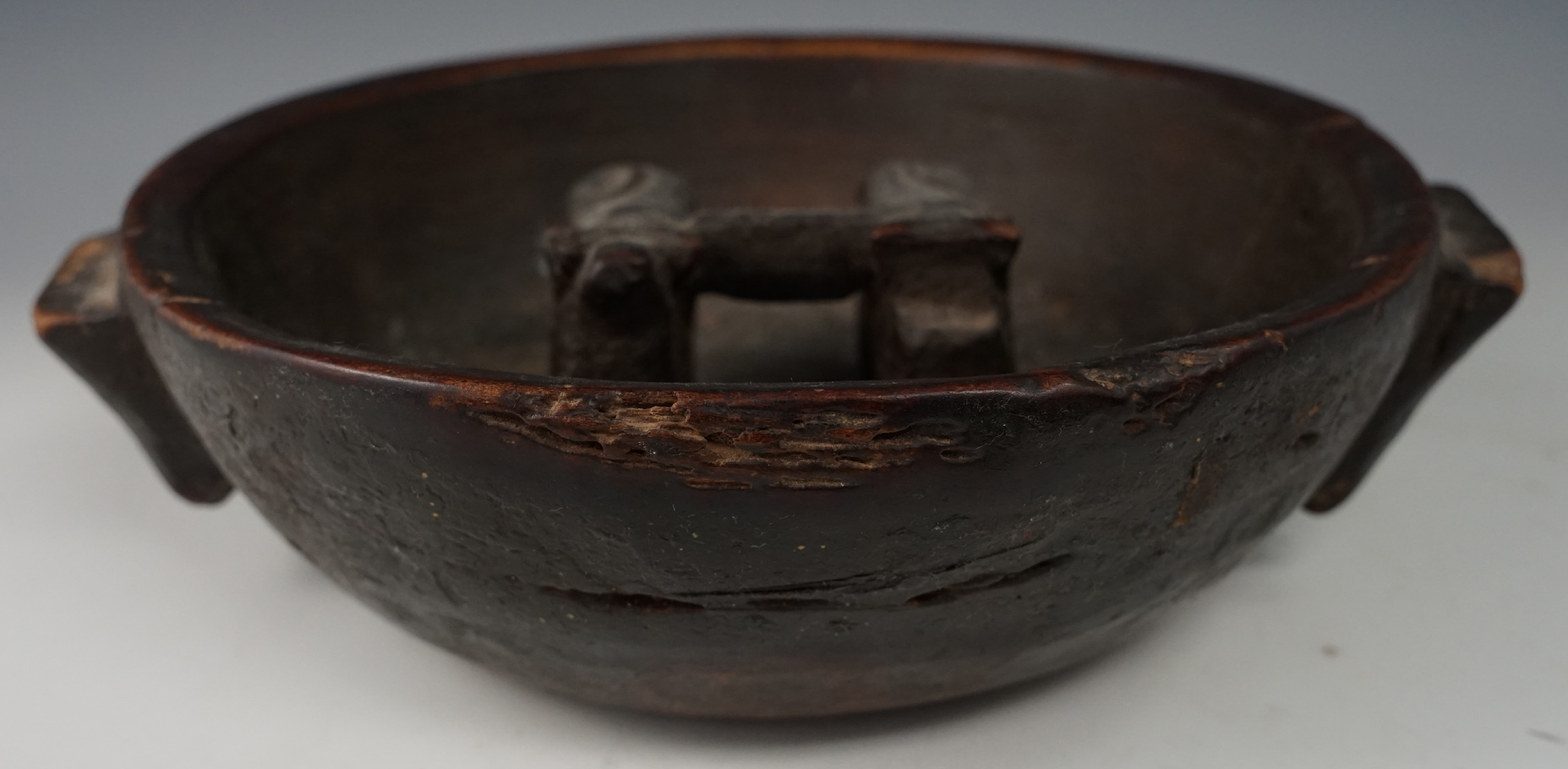 Beautifully handcrafted 9" Wide Wood Wedding Bowl, colonial Peru. Very unique artifact.