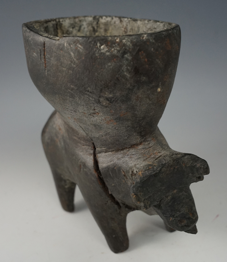 Unique hand carved 5" Wide x 5 1/2" Tall Spanish Colonial period bull effigy bowl.