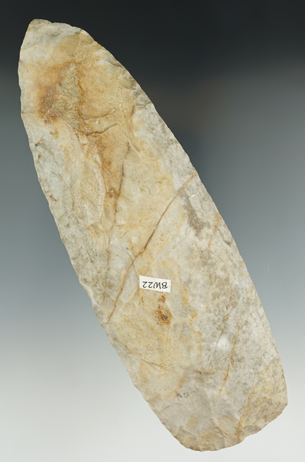 Excellent flaking on this large 8 3/8" Well styled Flint Celt found in Posey Co., Indiana.