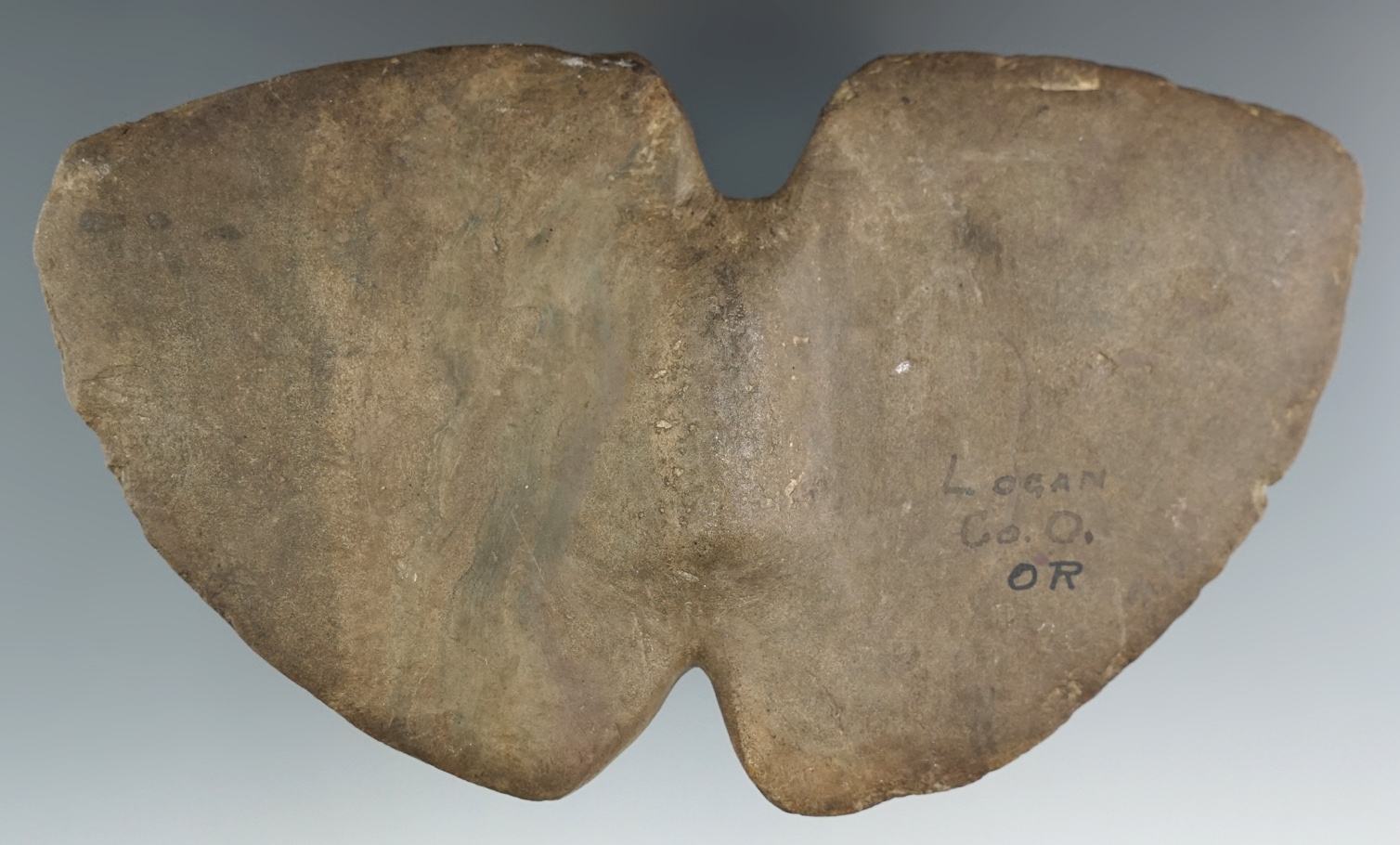 Large 6 1/8" wide undrilled (tie-on ?) Winged Bannerstone found in Logan Co., Ohio.