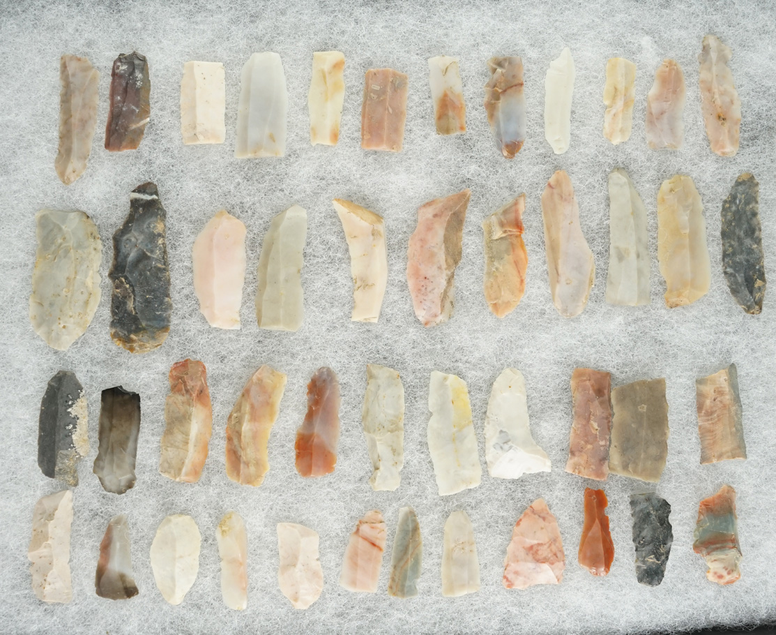 Large group of Flint Ridge Flint Hopewell Bladelets, found in Licking Co., Ohio. Largest is 1 1/2".