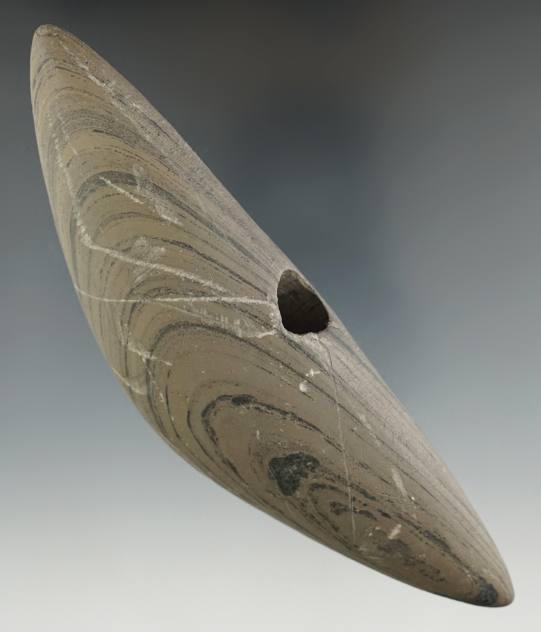 5 1/16" Pick Bannerstone made from Banded Glacial Slate, found in Clay County Indiana.