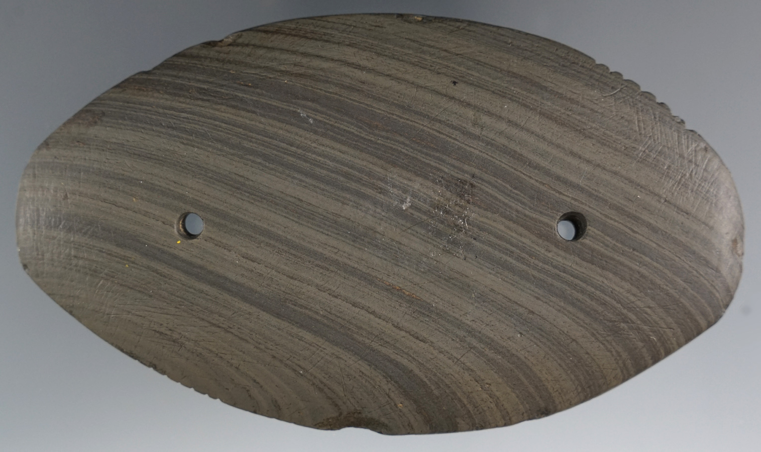 4 3/4"  Extremely fine Elliptical Gorget that is tallied on two sides. Found in Indiana.