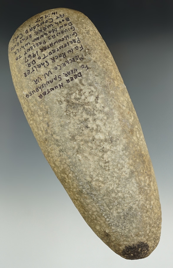 Large and nice! 7 7/8" Hardstone Celt found by hunter in Mercer Co., WV in a rock shelter.