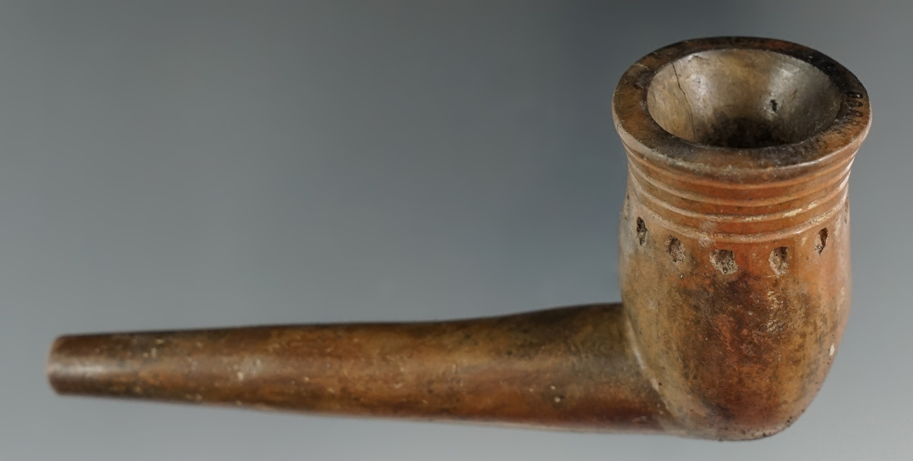 5" Well styled and nicely made Iroquois Ring Bowl Clay Pipe with punctate design below rings.