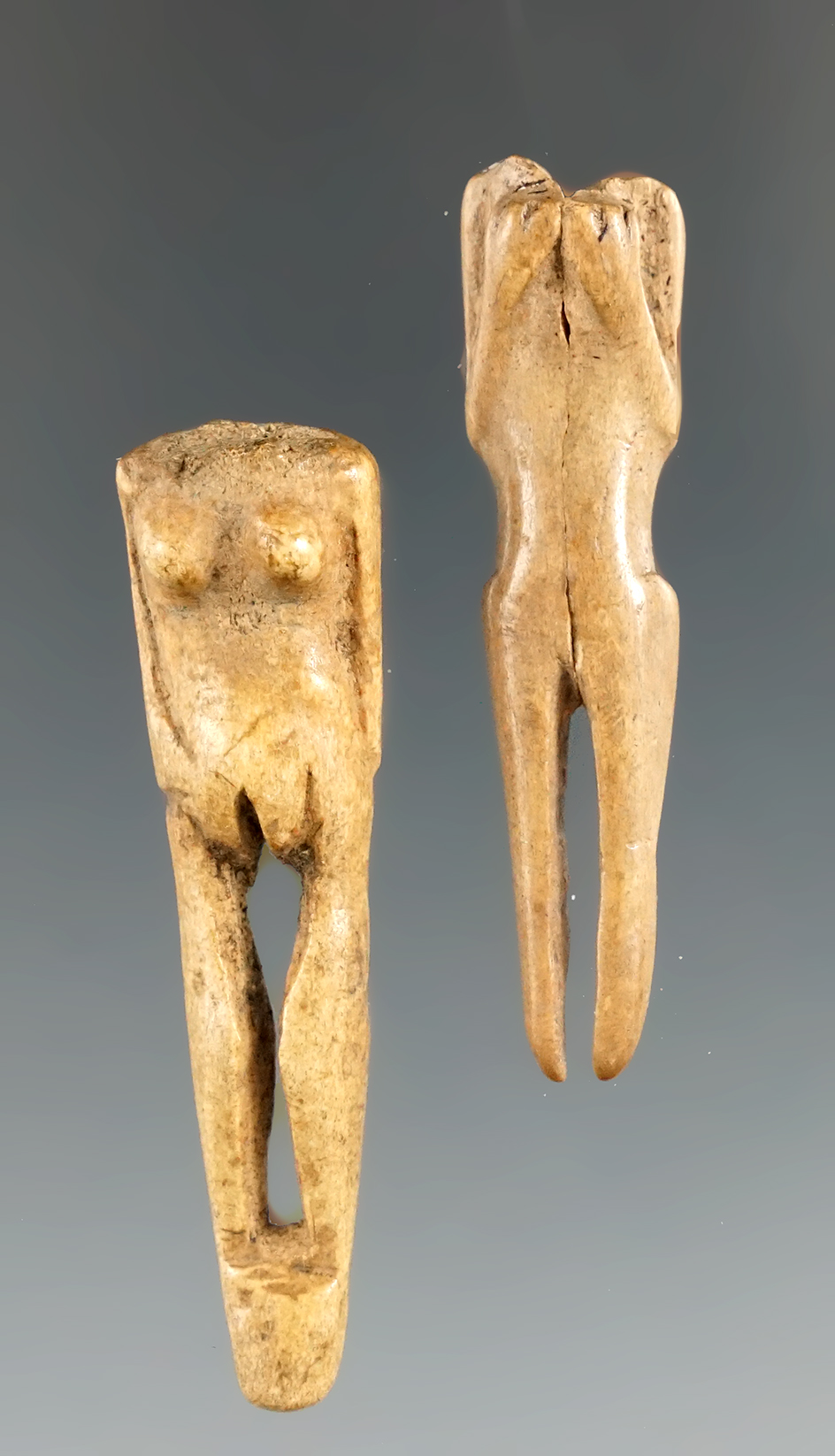 Pair of unique human figure "September Morn" Amulets made from antler - Cayuga Co., NY