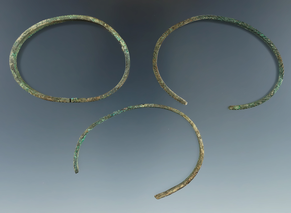 Set of three nicely decorated Copper Trade Bracelets found in New York, largest is 2 1/2" wide