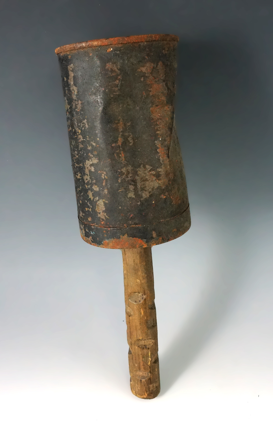 9 1/2" Iroquois wood and tin can Rattle from New York.