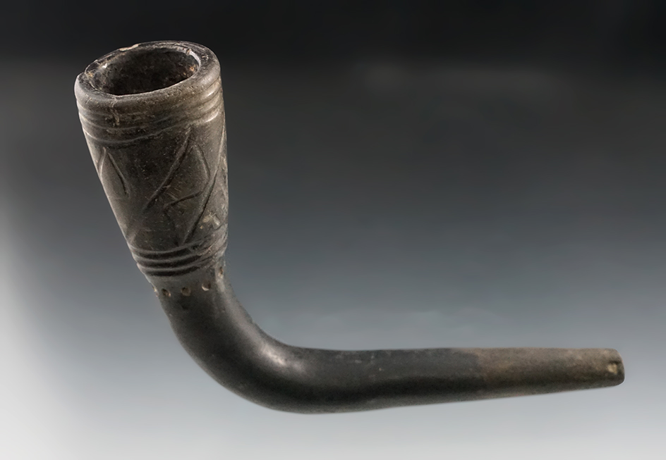 5" Iroquois Clay Ring Bowl Pipe with punctate design under bowl. Some restoration. New York.