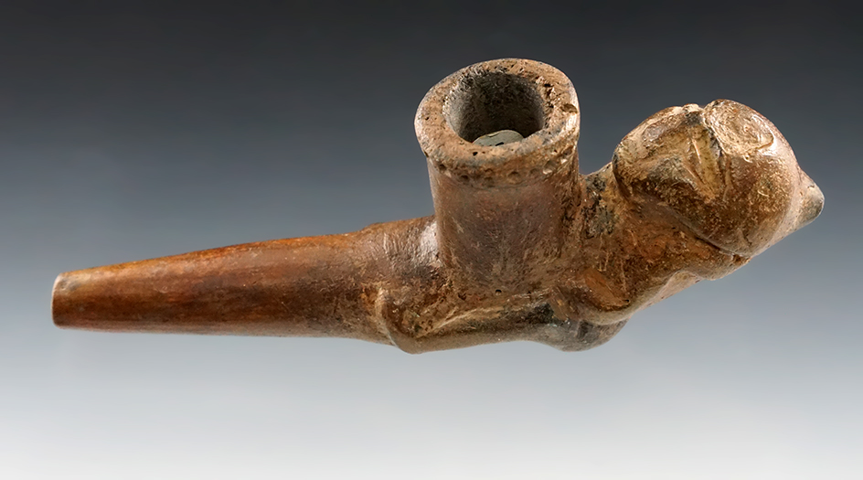 Exceptional! Rare style 4 5/8" Iroquois Clay Human Effigy Clay Pipe with punctate design - NY