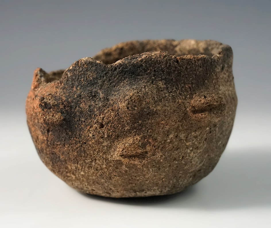 Miniature 3" wide Clay Face Effigy Pot found in Arkansas. Ex. J.W. McManus collection.