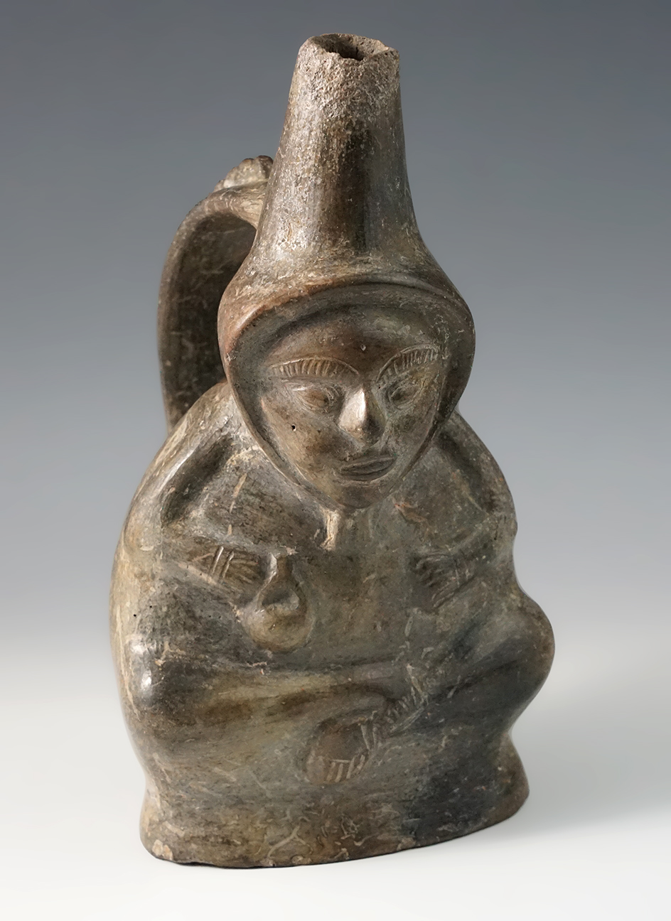 7" Tall Strap Handle Figural Pottery Vessel with nice root marks on exterior from Peru.