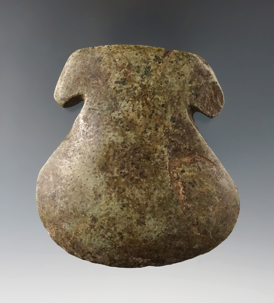 3 1/8" Notched Inca Axe with a fluted top - heavily patinated Hardstone. Cajamarca, Peru.