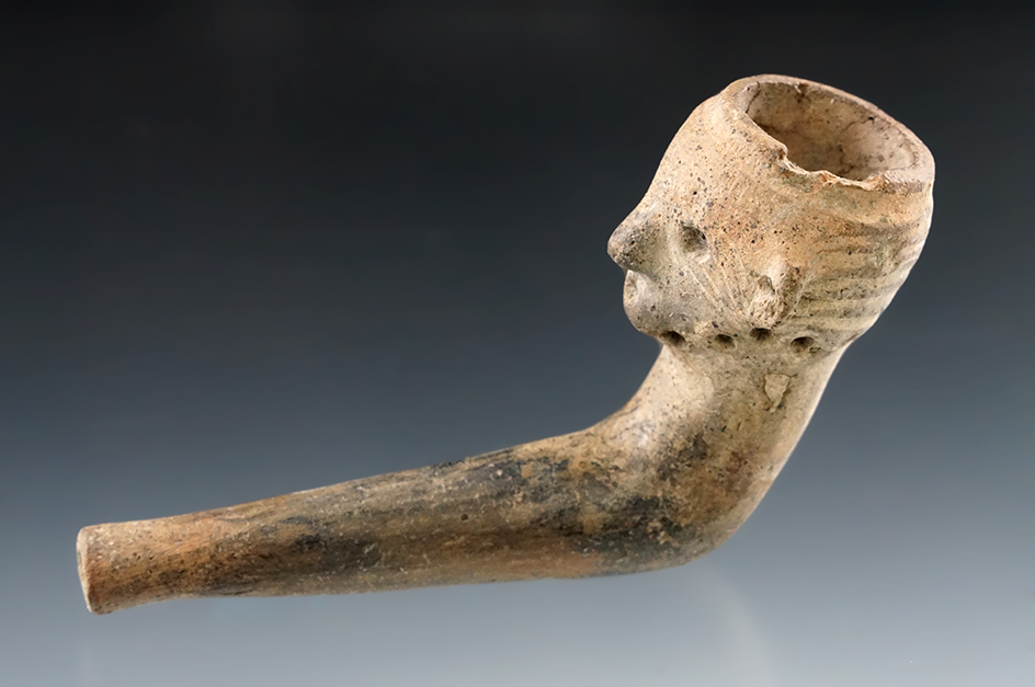 4" Long Human Face Iroquois Clay Pipe that is broken and mended at the stem - New York.