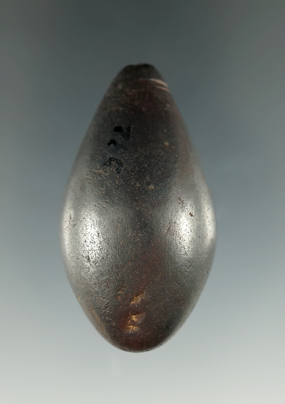 2" Hematite Grooved Plummet found in Ohio. Ex. Dr. Leon Kramer, Walter Sims, Cliff Bauer.