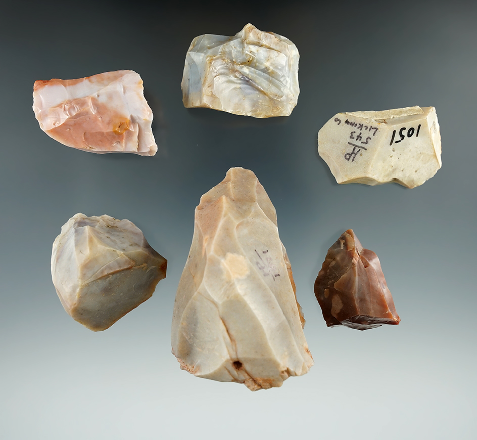 Set of five Flint Ridge Flint Cores found in Licking Co., Ohio, largest is 2 5/8".