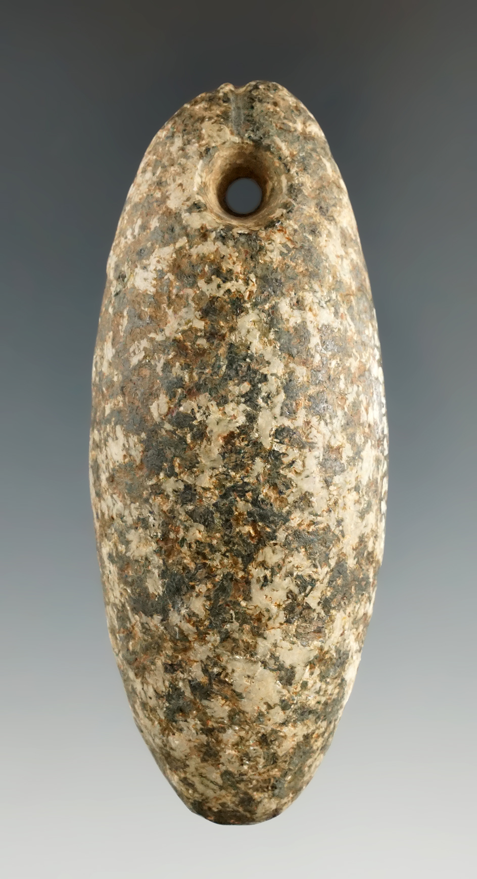 3 9/16" Hardstone Drilled Plummet found near Rio Vista, Solano Co., California.