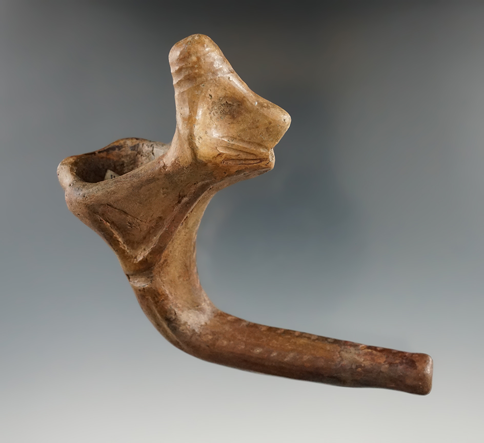 4" Long Iroquois Clay Pinched Face Blower Pipe with moderate restoration to the bowl - Canada.