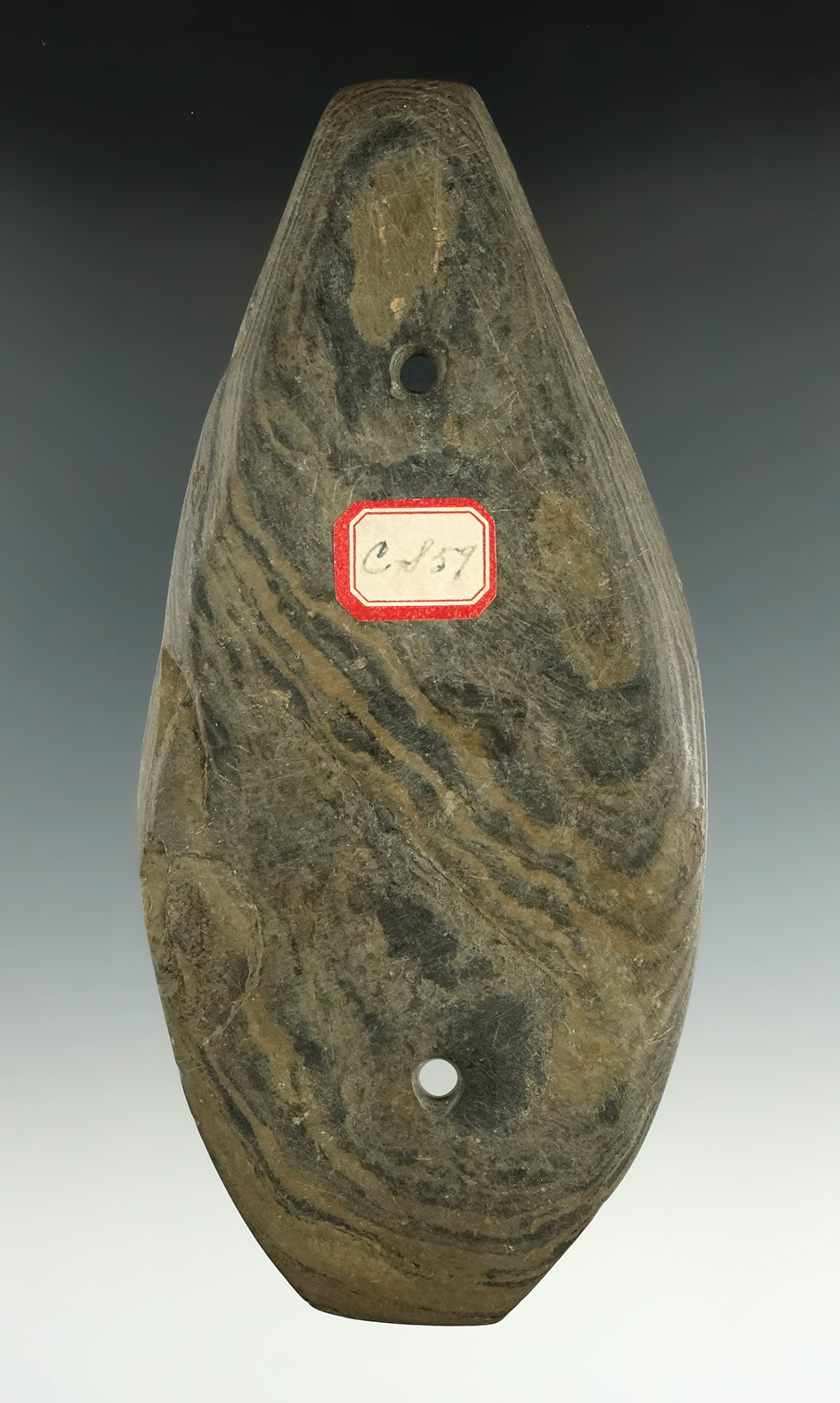 Very nice 5 7/8" Glacial Kame Sandal Sole Gorget found in Michigan made from banded slate.