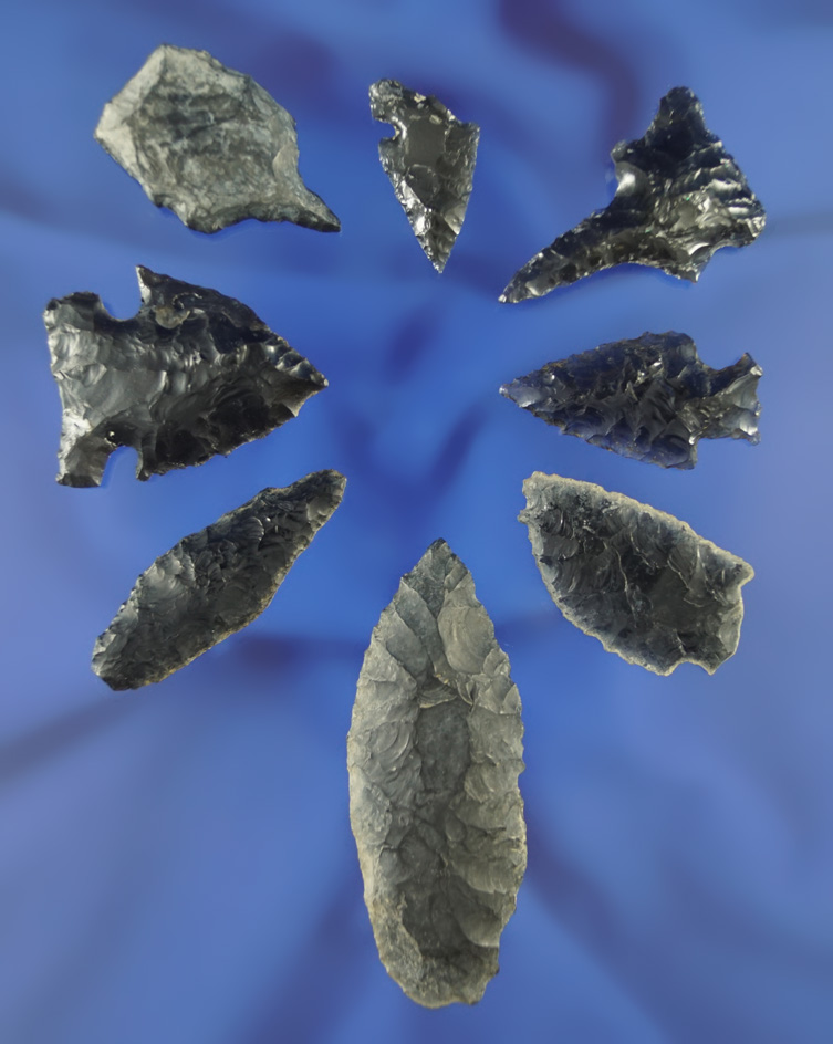 Set of eight assorted obsidian artifacts found in Oregon, largest is 2 3/16".