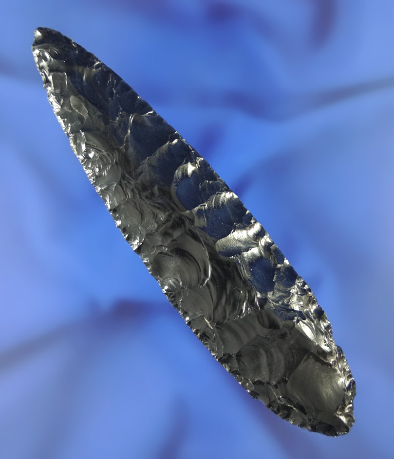 4  7/16" obsidian Excelsior - nicely flaked and well styled found in central California. Stermer COA