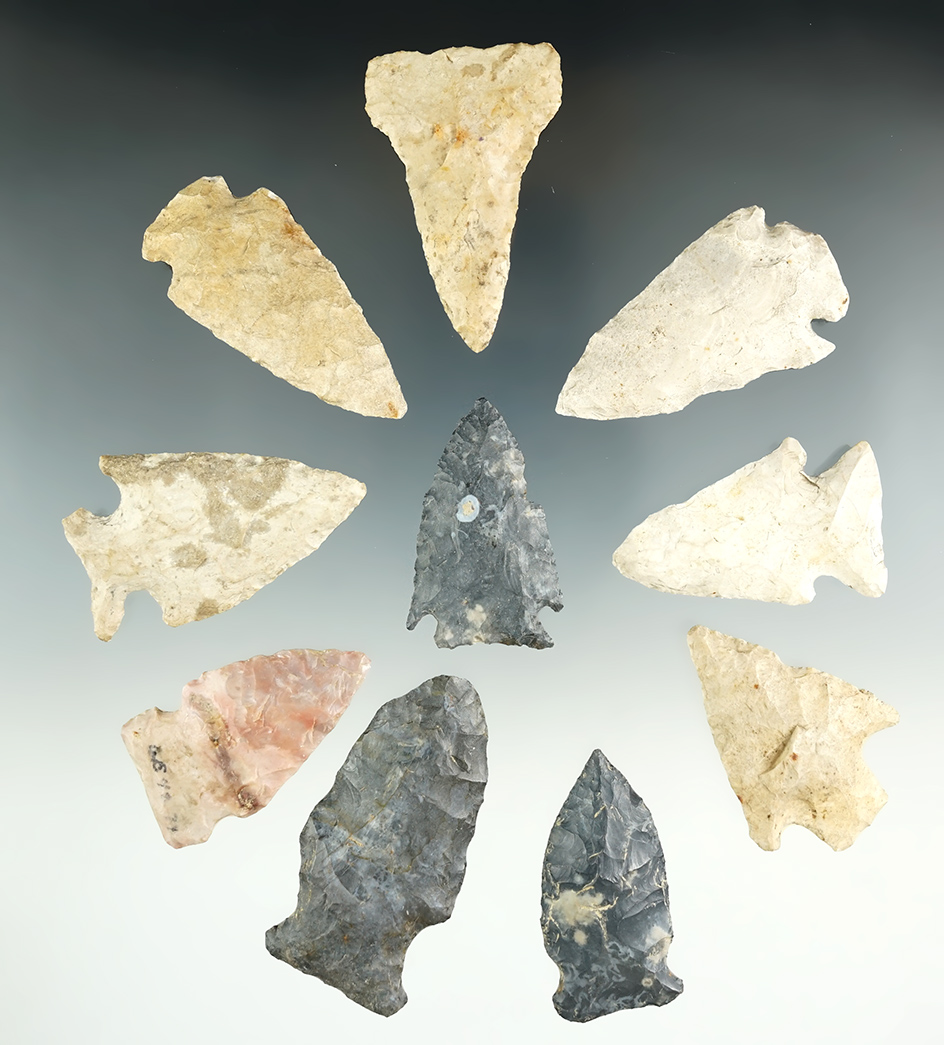 Group of 10 assorted points and knives found in Lenawee Co., Michigan. Largest is 2 1/4".
