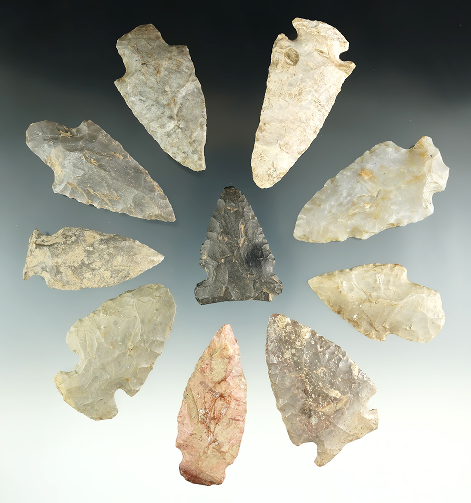 Group of 10 assorted points and knives found in Lenawee Co., Michigan, largest is 2 5/8".