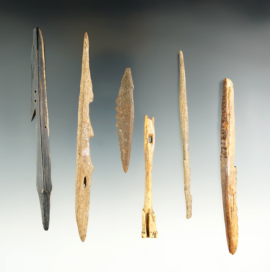 Set of six bone and ivory Inuit artifacts, largest is 4 11/16". Found in Alaska.