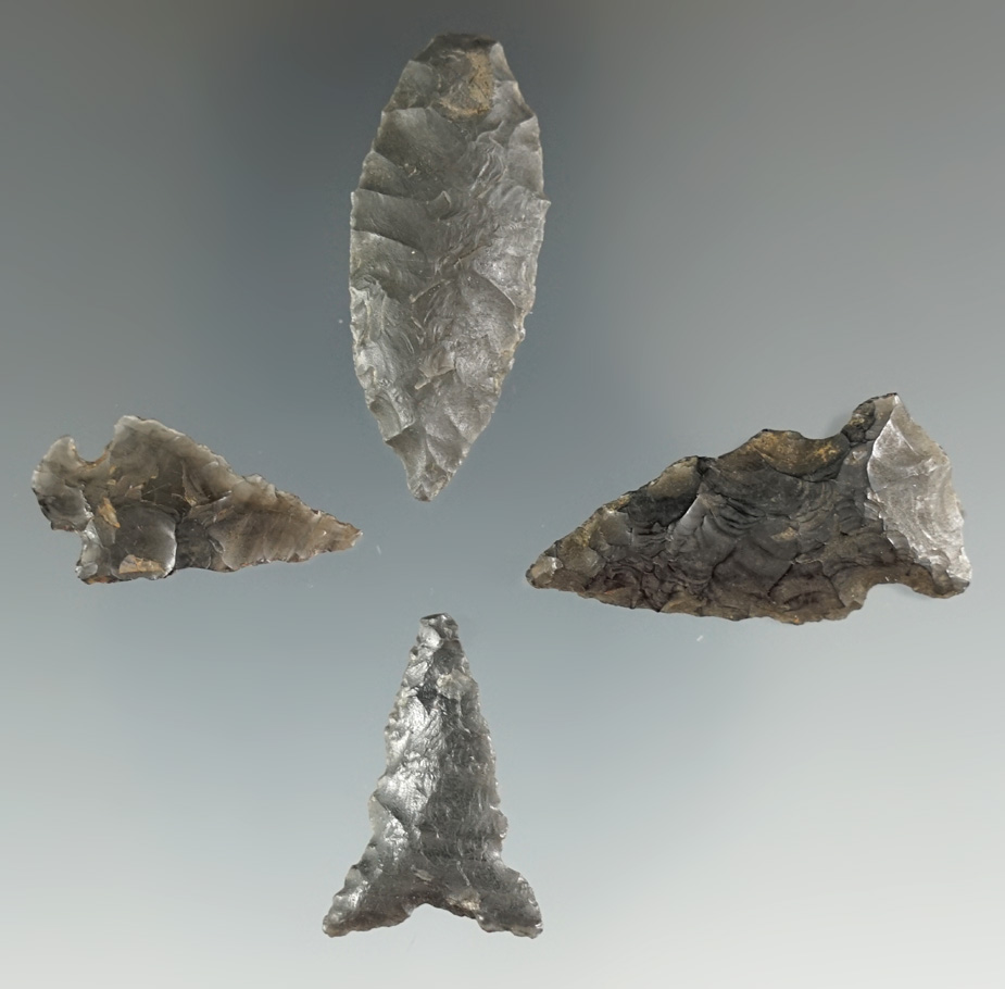 Set of four points found in Montana from an old family collection. Largest is 1 3/8".