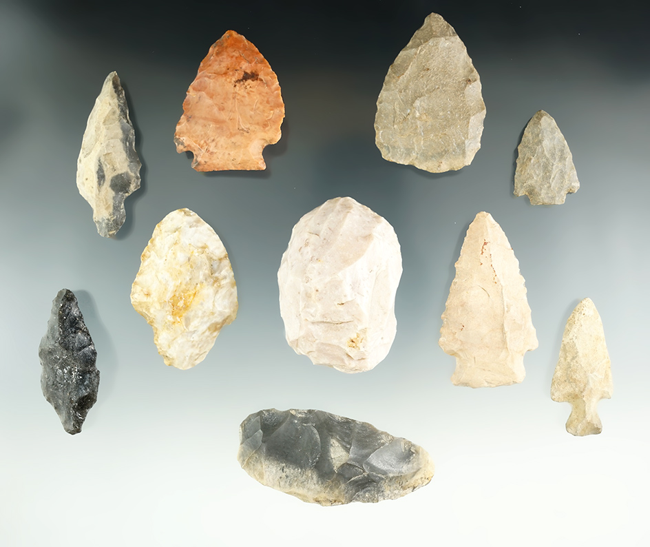 Group of 10 assorted flaked artifacts found in Alabama. Largest is 2 1/2".