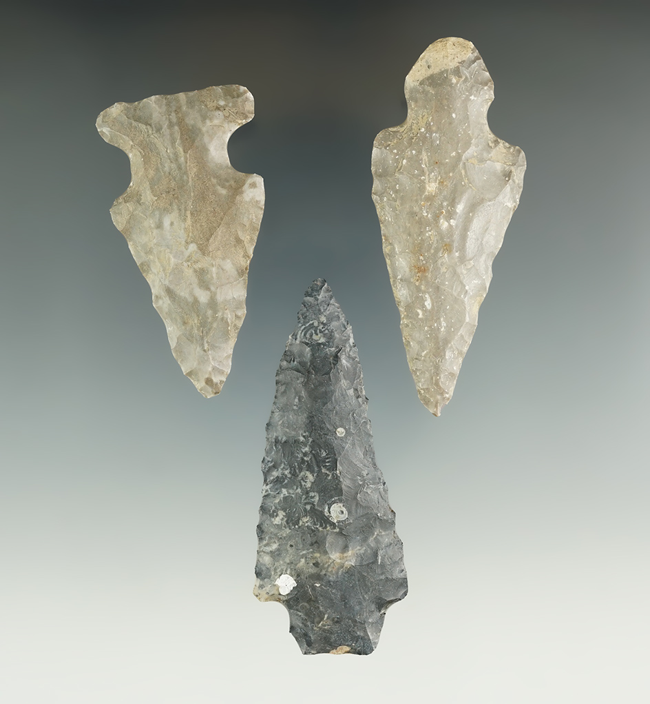 Set of three assorted points found in Hillsdale Co., Michigan, largest is 2 3/4". Ex. Charles Shephe