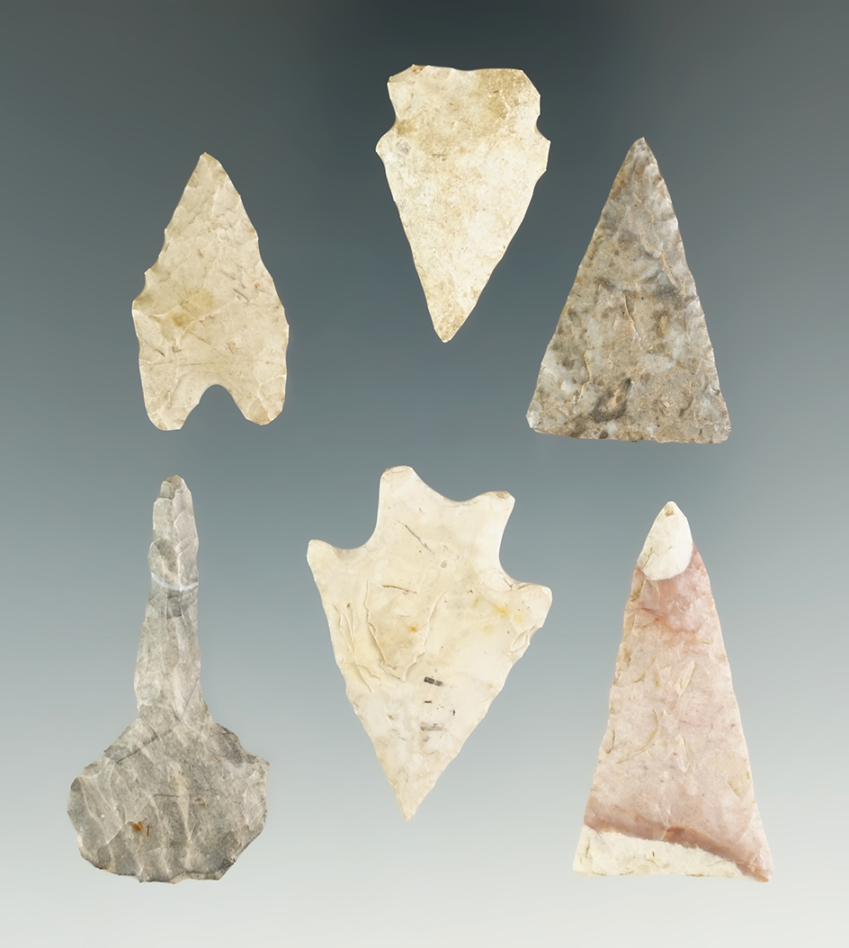 Set of six assorted Flint artifacts including a 1 7/16" drill. All found in Wood Co., Ohio.