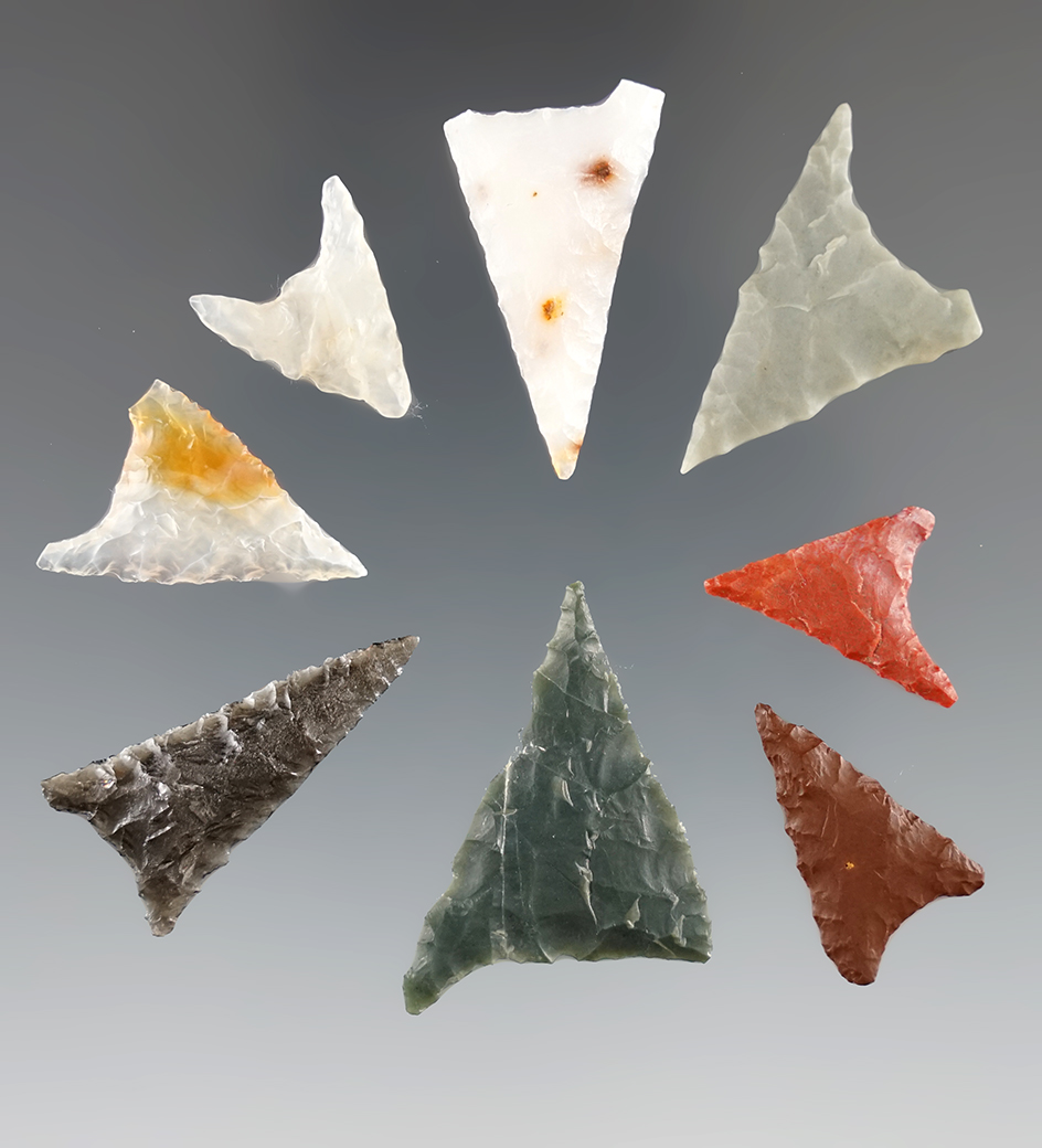 Set of eight Gunther Triangular Points found in Northern California, largest is 1 3/8".